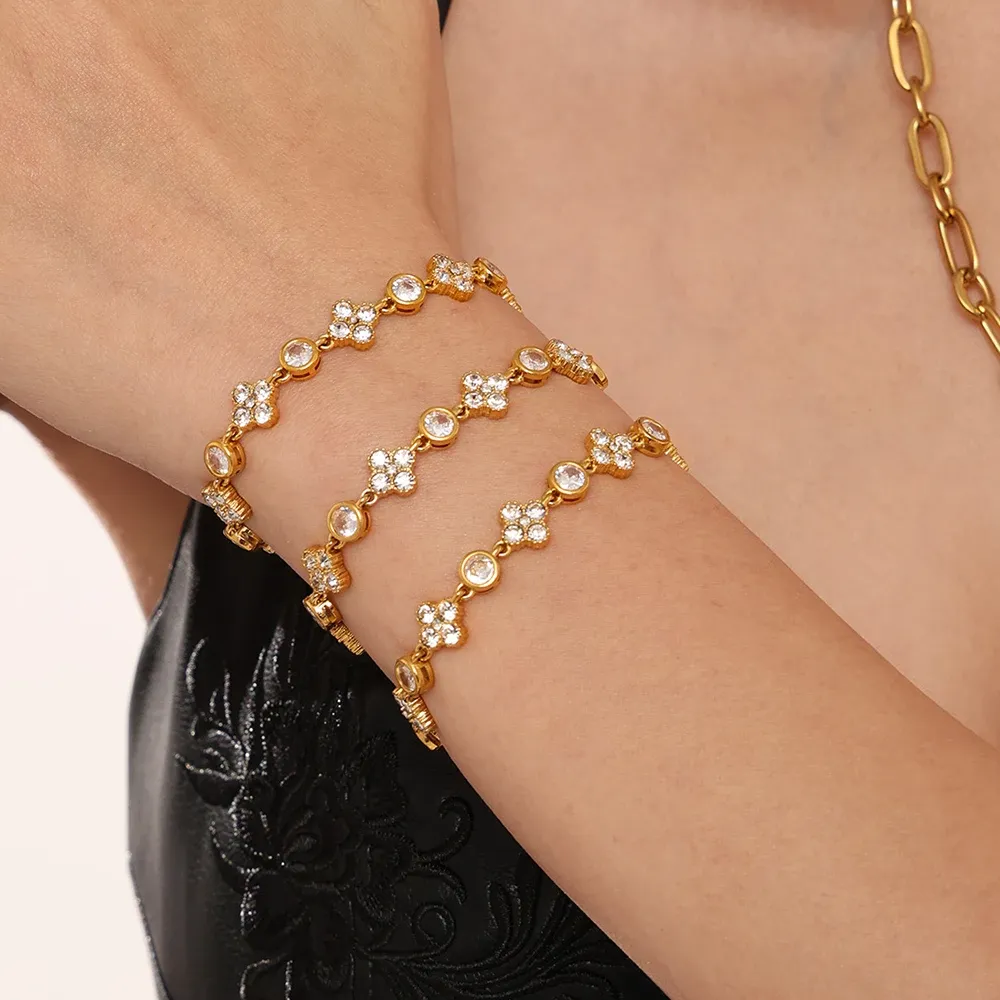 Authentic Luxury Flower Zircon Gold Plated Tennis Bracelet For Women Stainless Steel Bangle Vintage Daily Charm Jewelry Gift