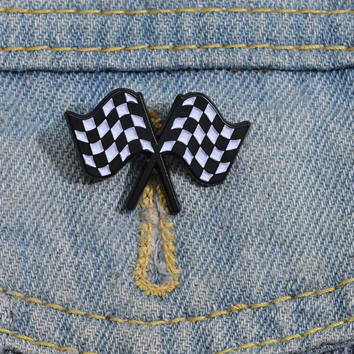 Authentic Celestial Checkered Flag Amulet – Enamel Brooch of Duality & Speed