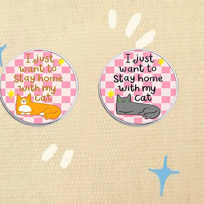 Authentic I Just Want To Stay Home With My Cat Uv Printing Pin Cat Checkerboard Cozy Introvert Mood Brooch Lapel Badge Jewelry