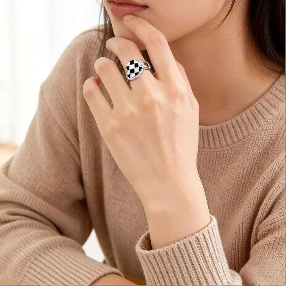 Authentic Duality of Love: Checkerboard Heart Ring of Balance