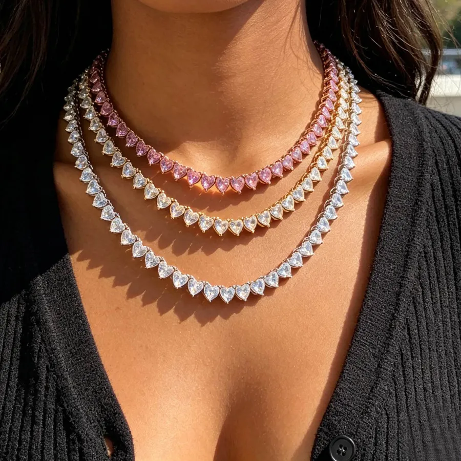 Authentic Iced Out Bling CZ Zircon 6mm Tennis Chain Heart Charm Necklace Gold Silver Color CZ Hearts Choker Women Hip Hop Jewelry