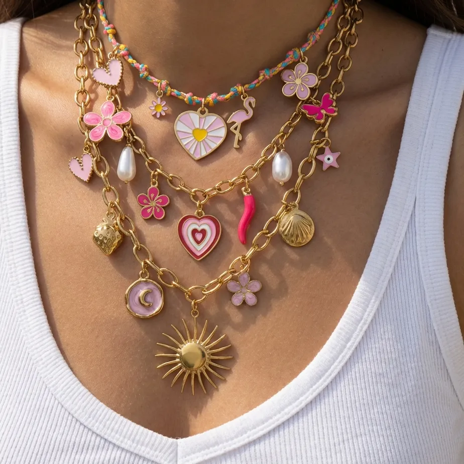 Authentic Colorful Enamel Charm Necklace 18K Gold Plated Stainless Steel Boho Heart Flower Sun Pendant Chain for Women