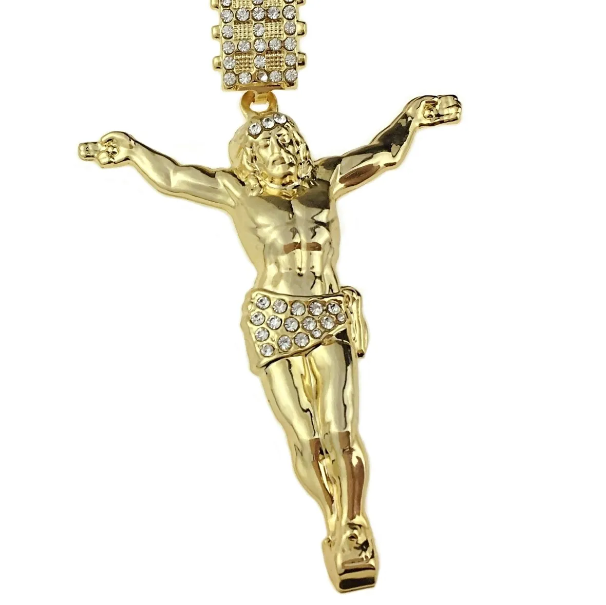 Authentic 14K Gold Plated Jesus Body Cross Pendant Iced CZ Crucifix 3.5" Medium Charm