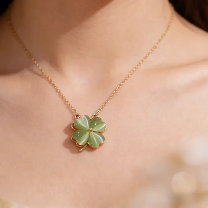 Authentic Verdant Whirlwind Talisman Rotating Jade Clover Pendant & Earring In Silver- Plated Grace