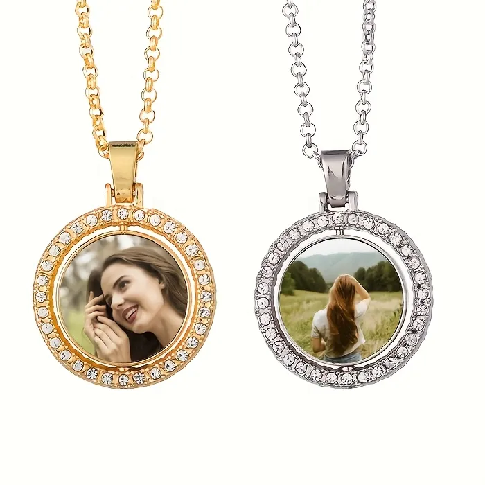 Authentic Stylish Personalized Picture Rotatable Round Pendant Necklace Double- Sided Diy Chain Necklace For Custom Jewelry