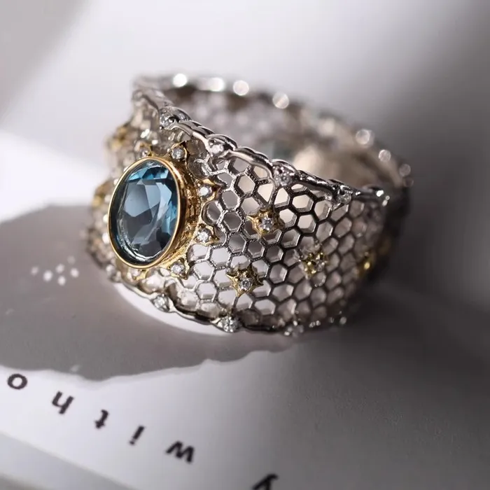 Authentic 925 Sterling Silve Topaz Ring Lace Hollowing Out Wide Versatile Grace Jewelry