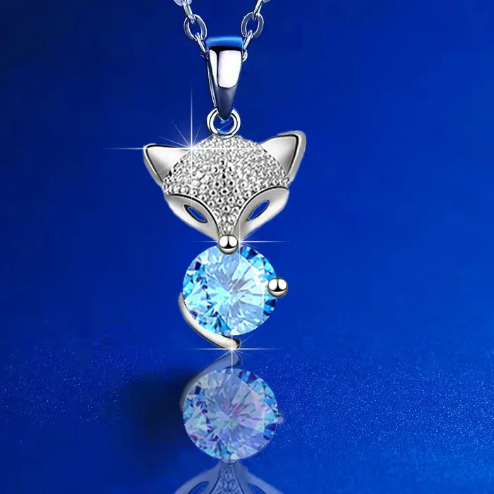 Authentic Aqua Blue Crystal Round Stone Necklace Female Small Fox Pendant Necklaces Silver Color Chain Animal Jewelry