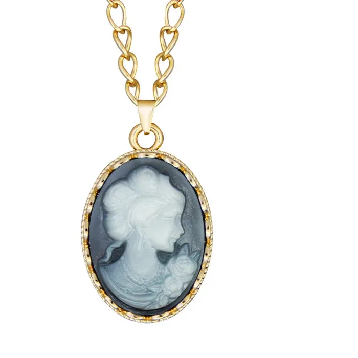Authentic 6 Colors Lady Queen Cameo Necklace Pendant Gold Color Pink Blue Gray Hollow Flower Cameo Pendant