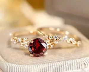 Authentic Round Cut Simulated Red Garnet Engagement Wedding Ring In 14k Yellow Gold Plated
