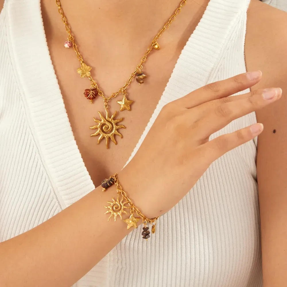 Authentic Gold Sun Moon Star Flower Pendant Necklace, 18K Gold Chain, Bohemian Delicate Jewelry for Her