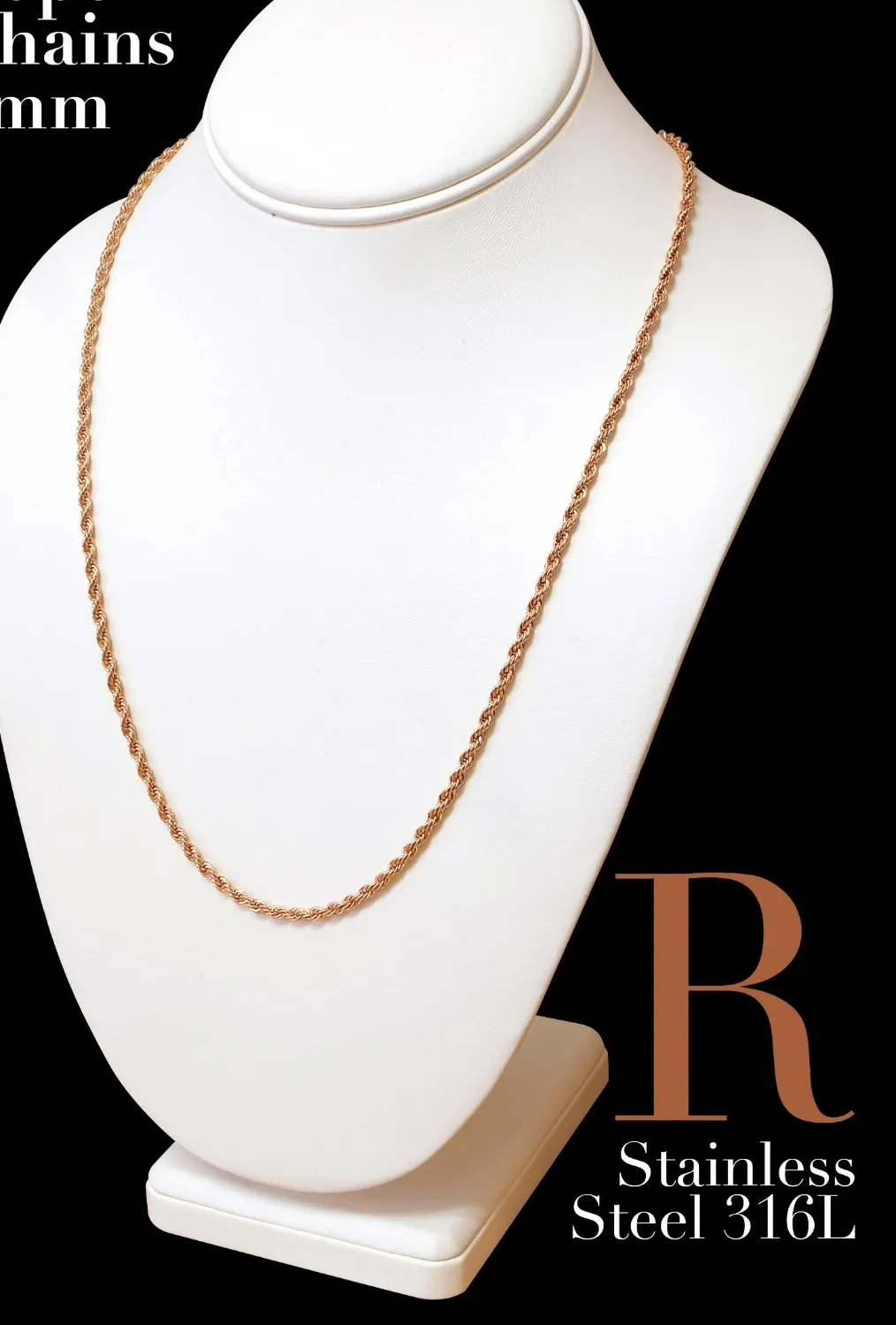 Authentic Rose Gold Plated 316L 2mm 3mm 4mm Rope Chain Necklace 14in-30in