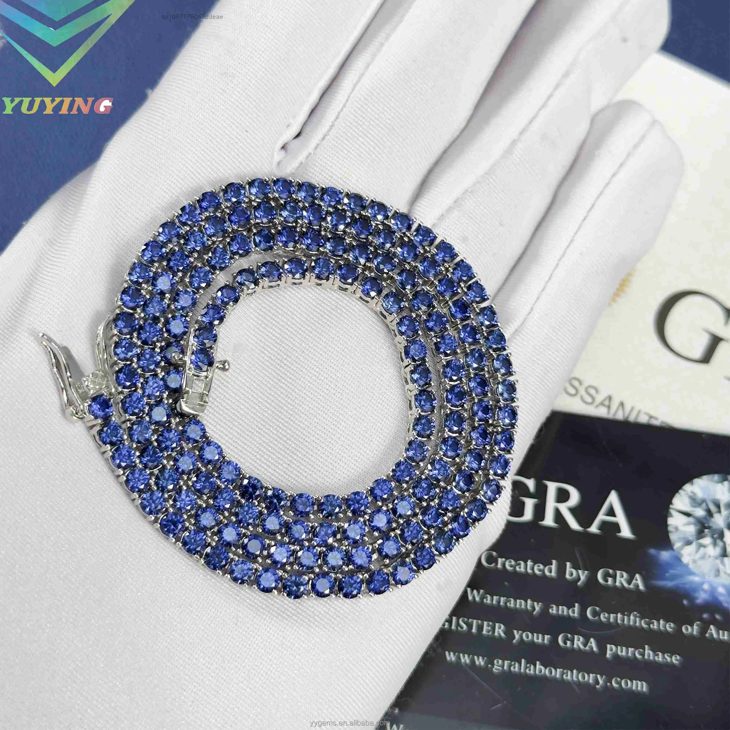 Authentic S925 Necklace Moissanite Yu Ying Blue Diamond Tennis Chain Fine Jewelry 3Mm Wide S925 Silver Blue Corundum Mans Necklac
