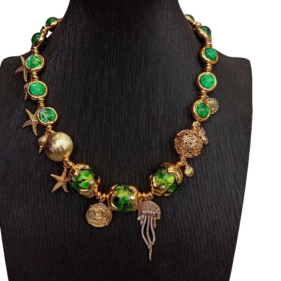 Authentic Emerald Vortex: Green Murano Beads in Gold Plated Splendor