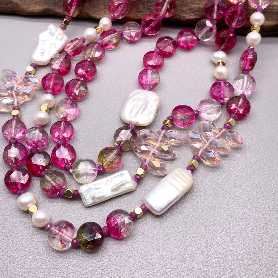 Authentic Y Ying 3 Rows Fuchsia Coin Faceted Crystal White Rectangle Pearl Necklace Multi Statement Jewelry