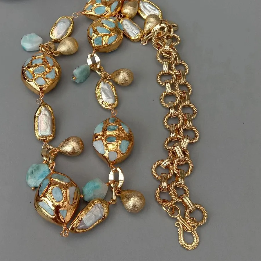 Authentic Y Ying Brushed Teardrop Natural Blue Larimar Electroplated Edge White Biwa Pearl Gold Plated Chain Necklace 30'
