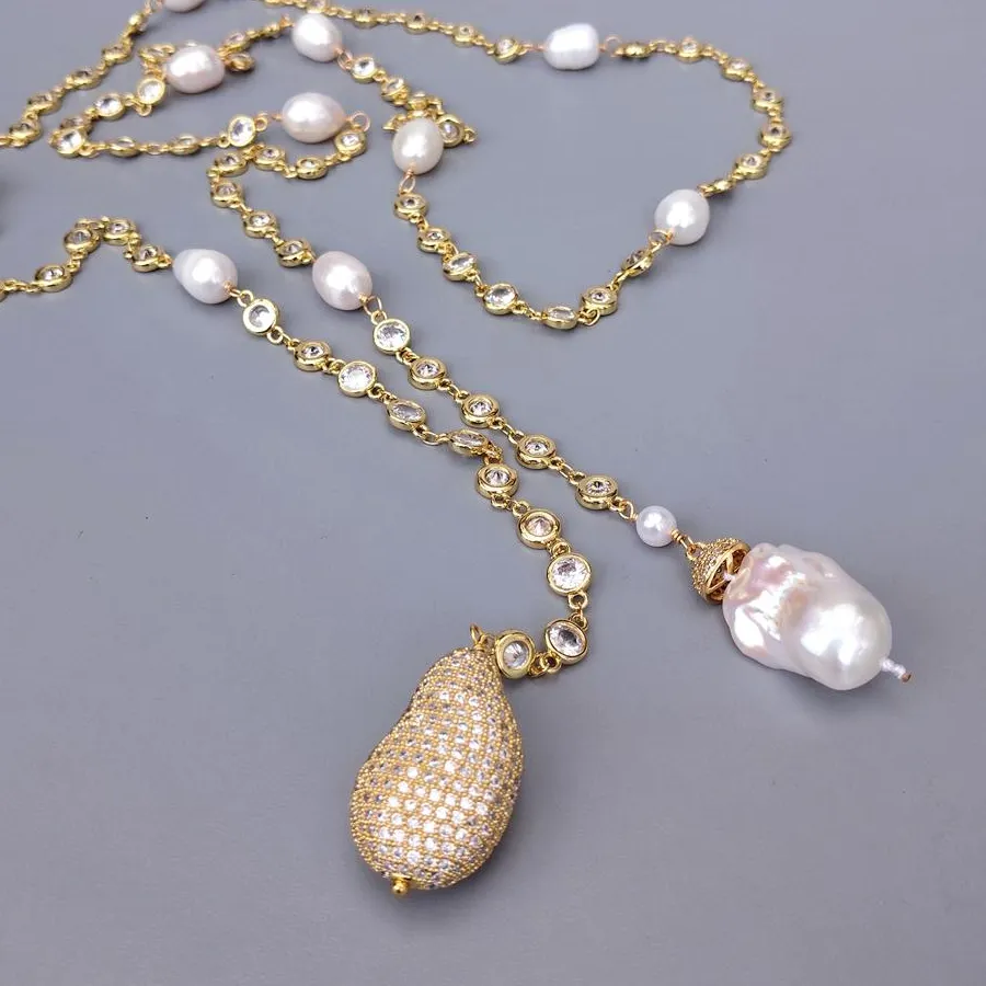 Authentic Y Ying 47 White Baroque Pearl Cz Pave Rosary Chain Long Necklace