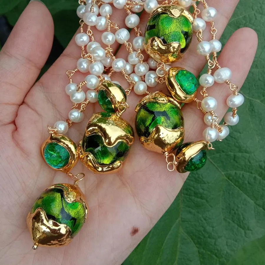 Authentic Y Ying Cultured White Pearl Green Murano Glass Rosary Chain Long Necklace