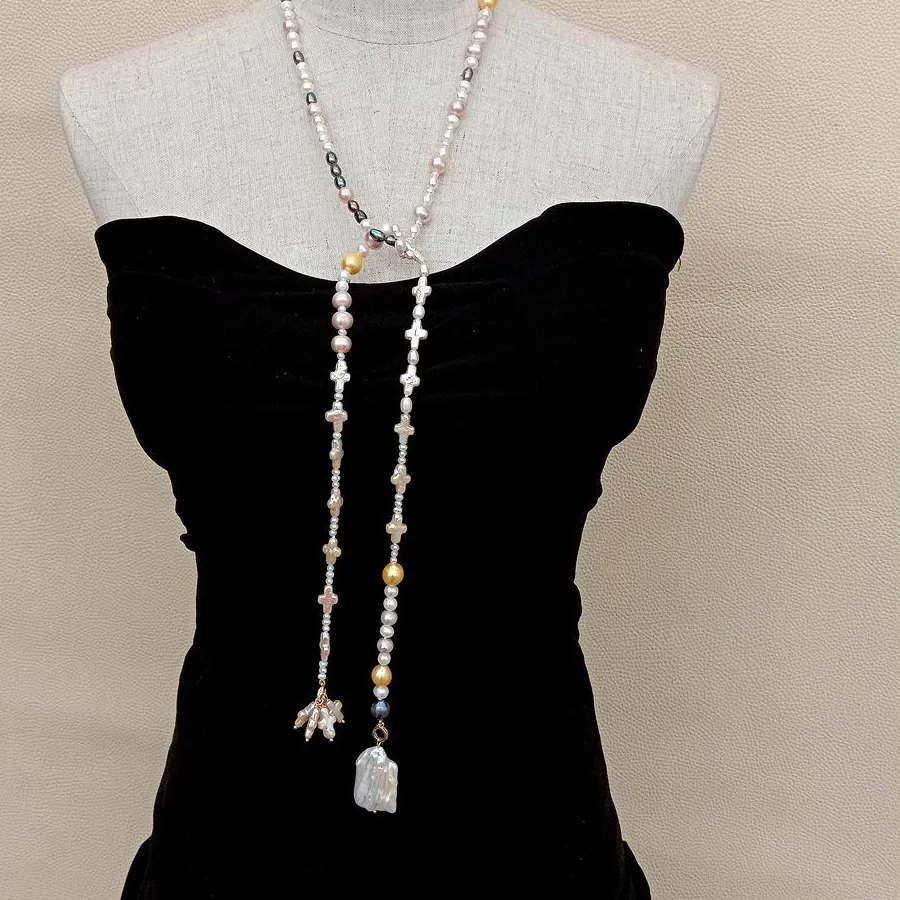 Authentic Y.ying Freshwater Cultured Pearl Multi Color Long Loop Asymmetric Necklace 42