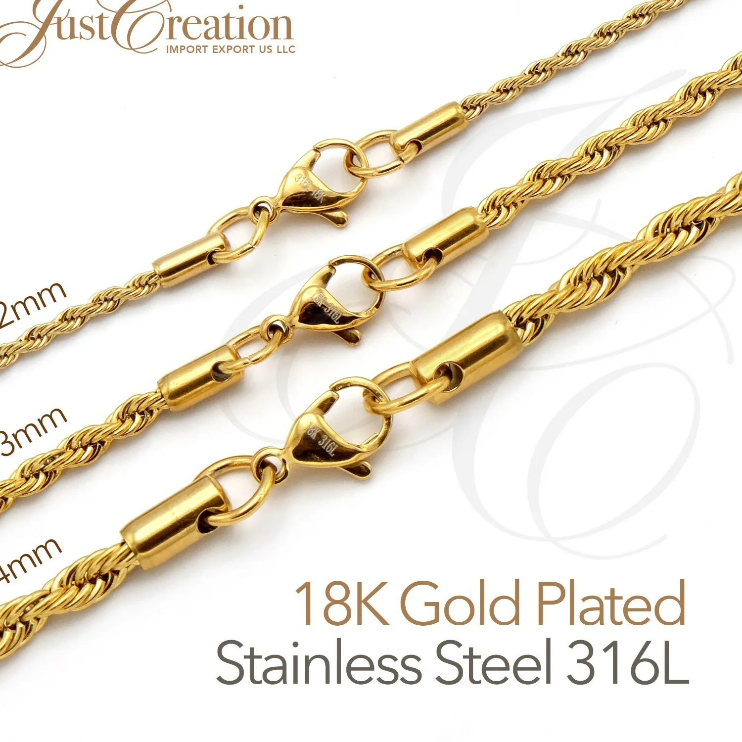 Authentic Gold Plated 18K, 316L 2mm 3mm 4mm Rope Chain Necklace 14in-30in