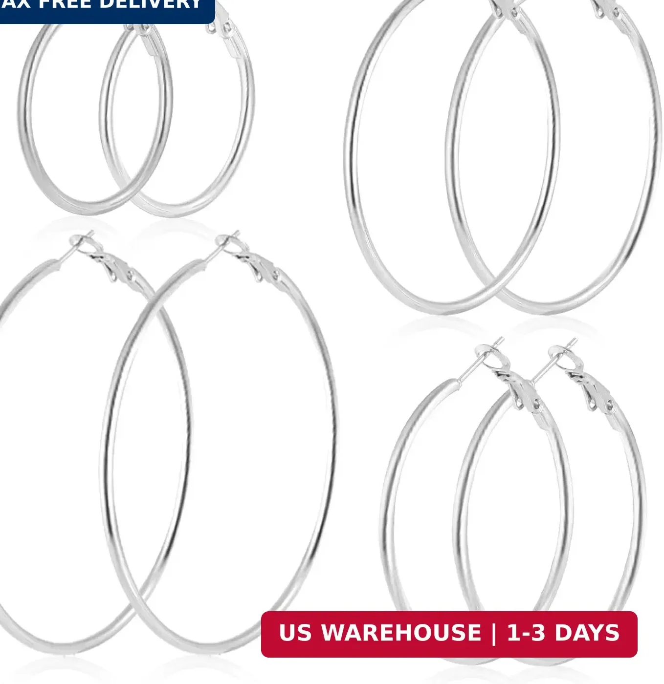 Authentic 4 Pairs 30/40/50/60 mm Silver 14K Gold Plated Hoop Earrings for