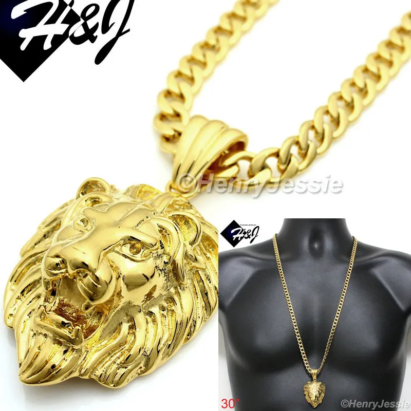 Authentic 30" 7mm Gold Plated Cuban Curb Link Necklace LION Pendant*GP50