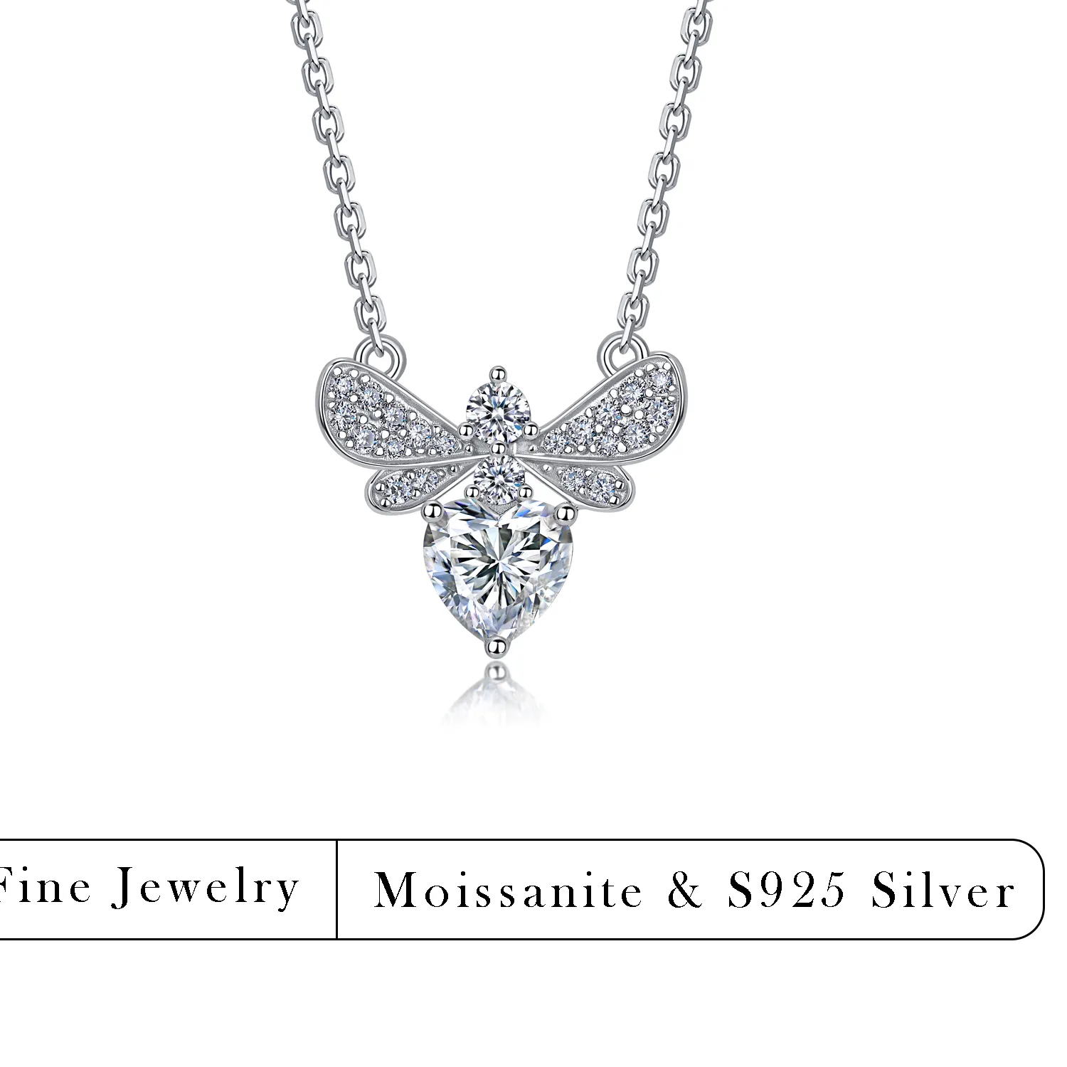 Authentic 1.1 Ctw S925 Sterling Silver Bee & Heart Full Moissanite Pendant Necklace Pavé Accents Fine Jewelry Romantic For Her