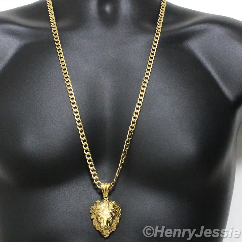 Authentic 30"MEN 7mm Gold Plated Cuban Curb Link Chain LION Pendant*GP50