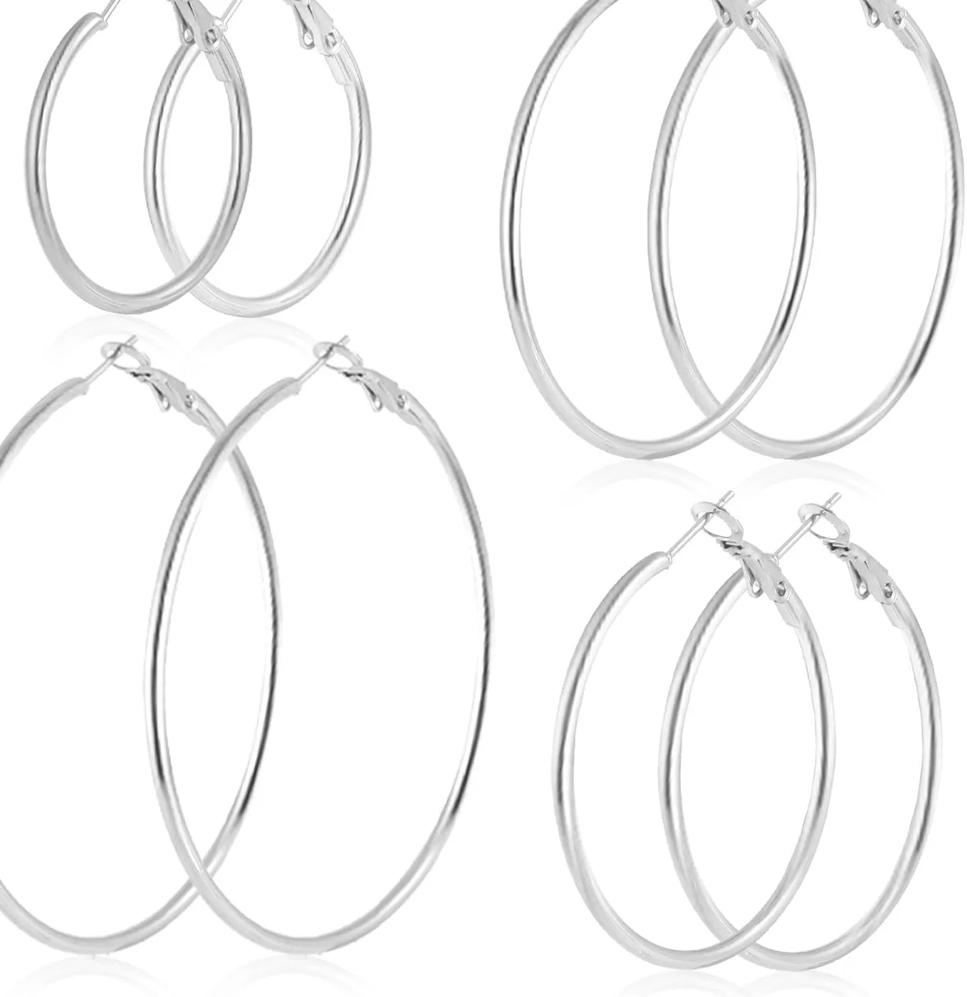 Authentic 4 Pairs 30/40/50/60 Mm Silver 14K Gold Plated Hoop Earrings for