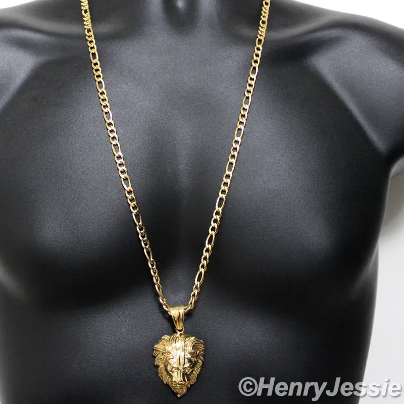 Authentic 30"MEN 6mm Gold Plated Figaro Chain LION KING 3D Pendant*GP50