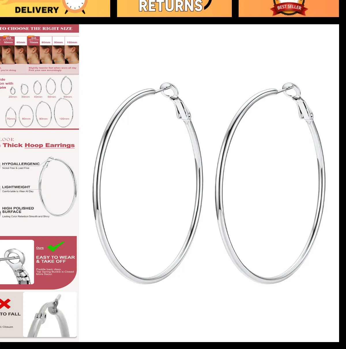 Authentic 14K Gold Plated Large Thin Hoop Earrings for Women - Lightweight 30/40/50/70/100
