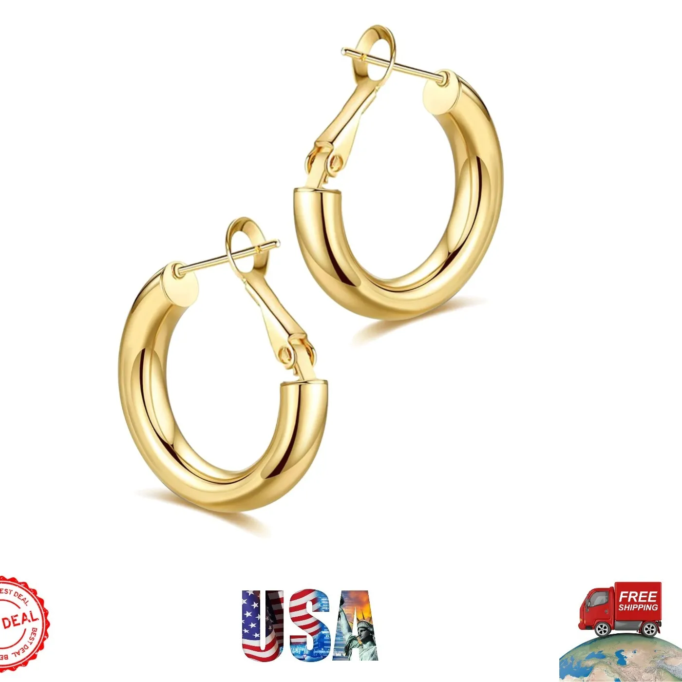Authentic Bold 14K Gold Plated Chunky Hoop Earrings - Sizes 20/25/30/40/50MM for Any Look