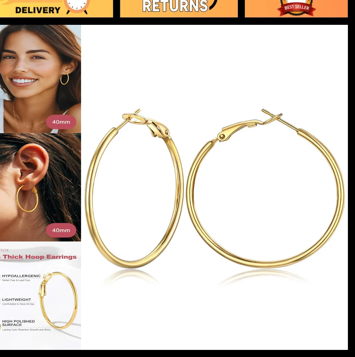 Authentic 14K Gold Plated Large Thin Hoop Earrings for Women | Lightweight 30/40/50/70/100