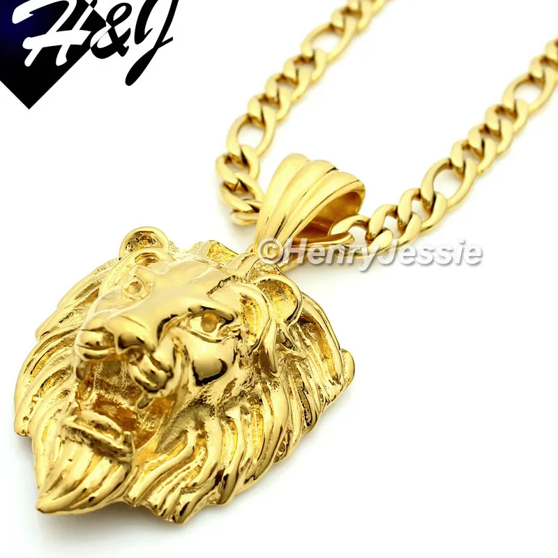 Authentic 18-40"MEN 6mm Gold Plated Figaro Link Chain 3D LION Pendant*P50