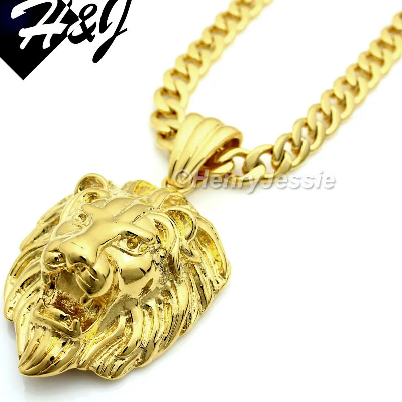 Authentic 18-40"MEN 7mm Gold Plated Cuban Curb Chain 3D LION Pendant*GP50