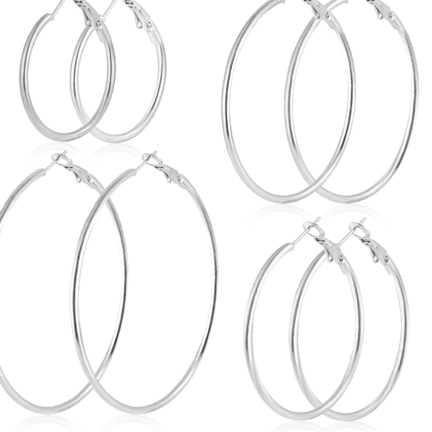 Authentic 4 Pairs 30/40/50/60 mm Silver 14K Gold Plated Hoop Earrings for