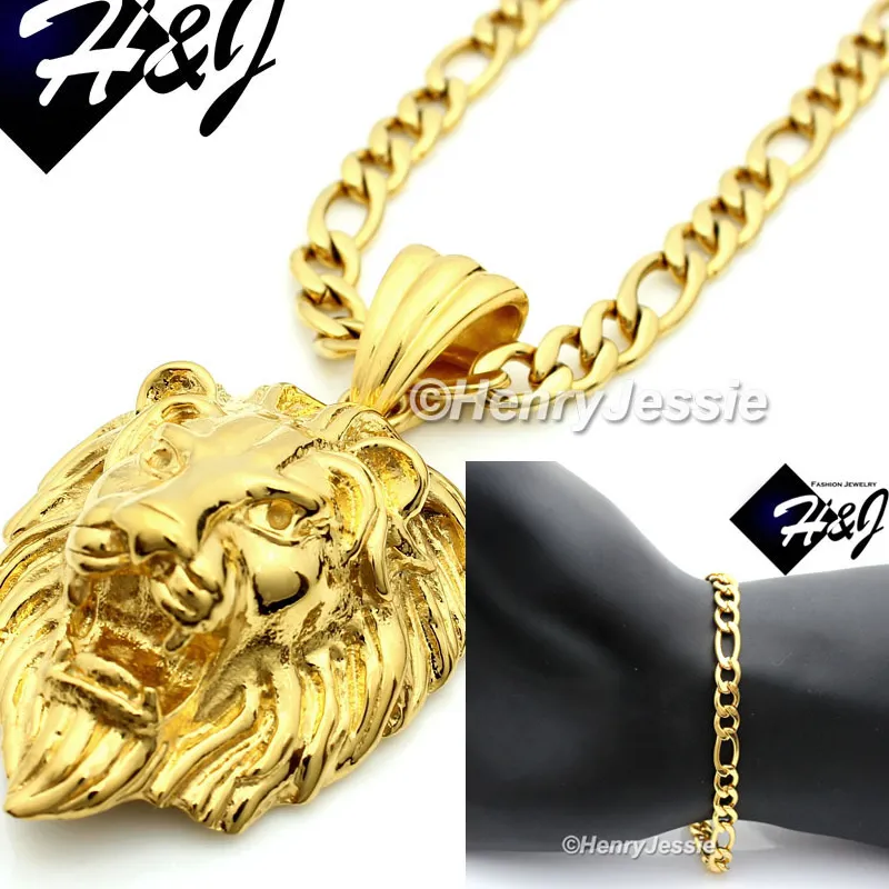 Authentic 18-40" 6mm Gold Plated Figaro Necklace Bracelet LION Pendant*P50