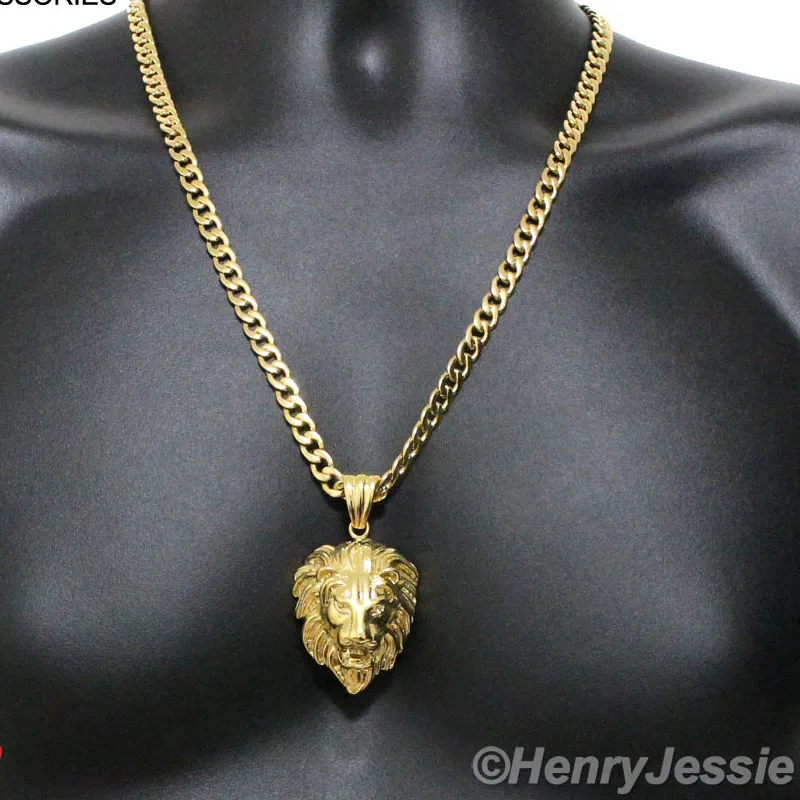 Authentic 18-40"MEN 7mm Gold Plated Cuban Curb Chain LION FACE Pendant*G50