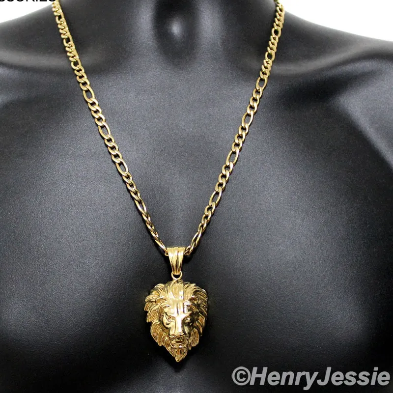 Authentic 18-40"MEN 5mm Gold Plated Figaro Chain LION FACE 3D Pendant*GP50