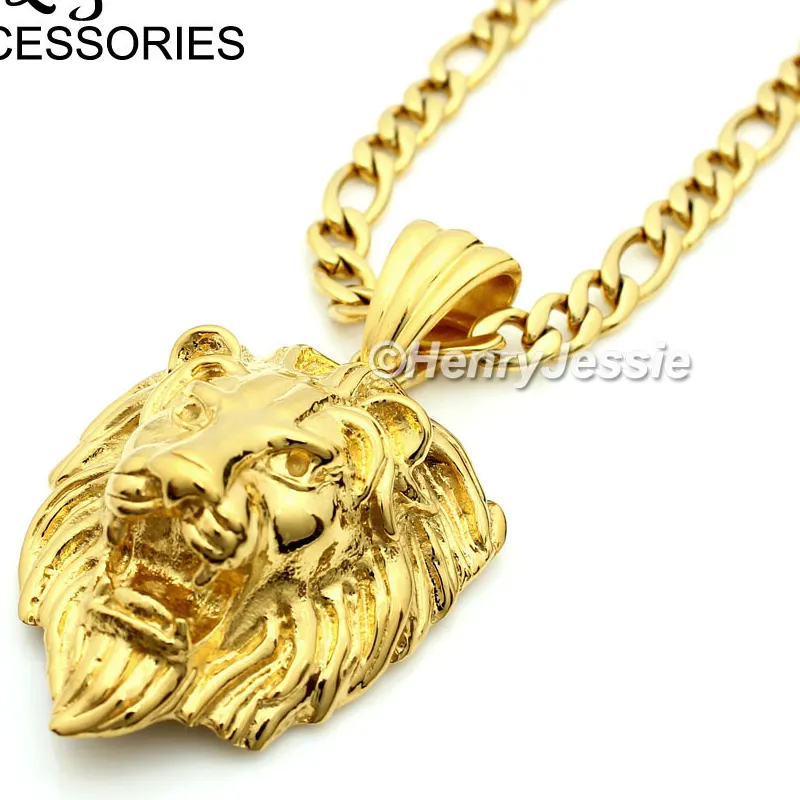 Authentic 18-40"MEN 6mm Gold Plated Figaro Chain LION FACE 3D Pendant*GP50
