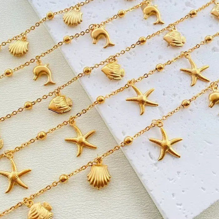 Authentic 50PCS Wholesale Gold Plated Ocean Charm Anklets Bulk Starfish Shell Jewelry Lot