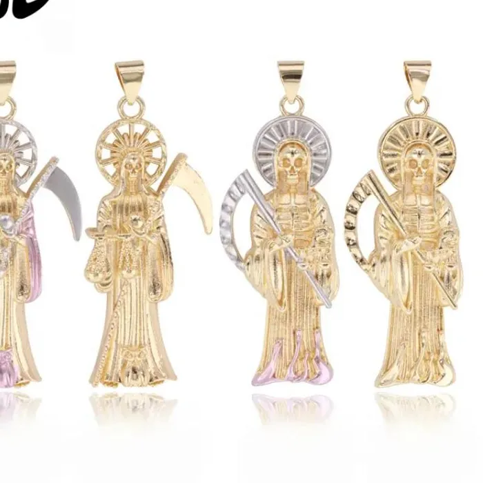 Authentic Oro Laminado 14K Blanco Santa Muerte Pendant La Santa Muerte Grim Reaper Pendant Religious Medals Santisima Muerte Jewelry