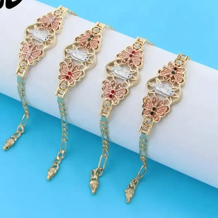 Authentic Oro Laminado Tricolor Jewelry Marble Virgin Mary Statue Bracelet Gold Real Solid Plated 18K Butterfly Lowest Price