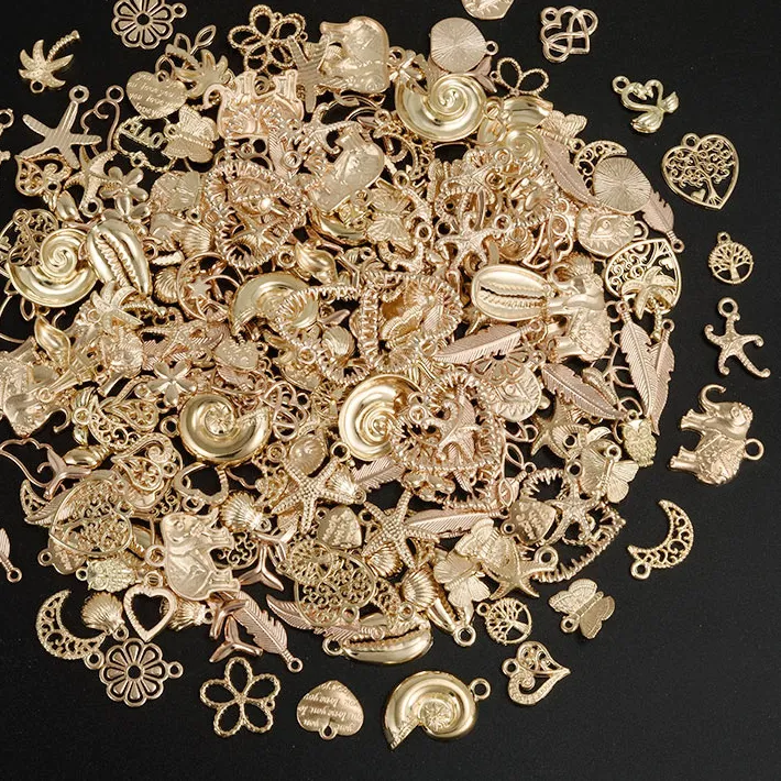 Authentic KC/Vintage Gold Color 10/20/30/50/100pcs Metal Animal Moon Conch Shell Charms For Jewelry Making Bulk Flower Leaf Pendant Charm