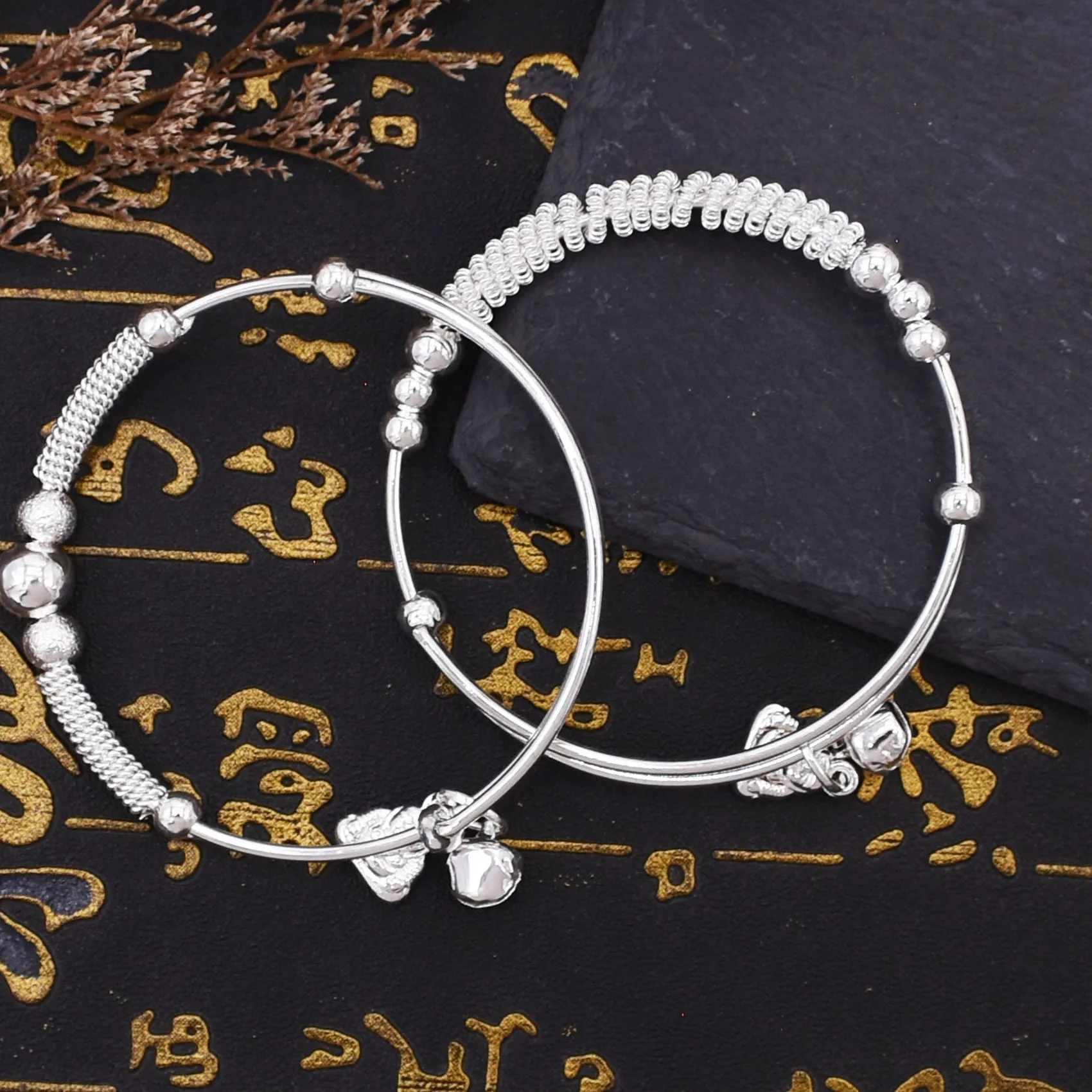 Authentic Silver Color Open Adjustable Bangle Bracelet Lotus Pod Bell Pendant Smooth Textured Bead Elegant Dainty Wrist Accessory