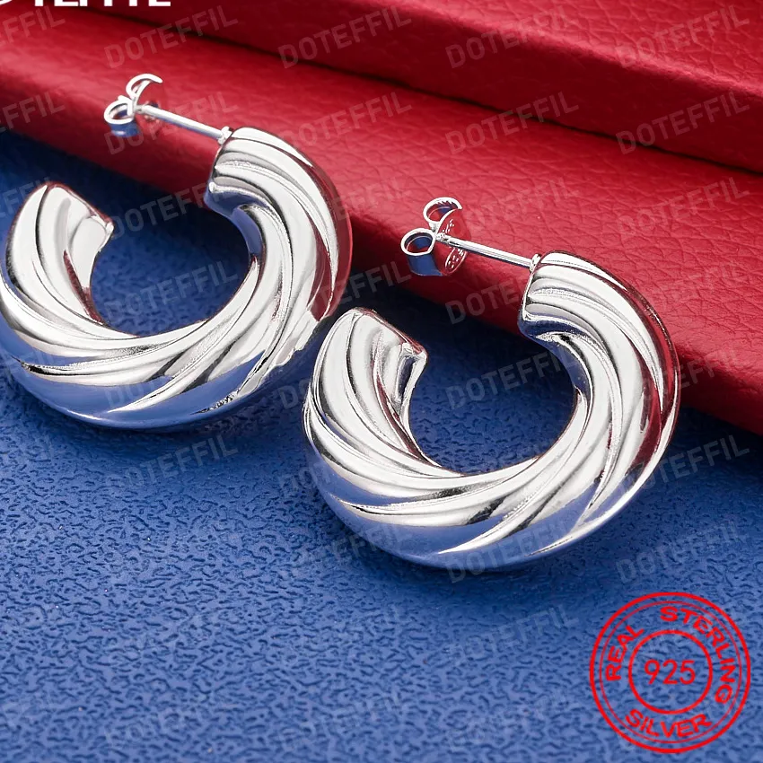 Authentic 925 Sterling Silver Delicate Spiral Twisted Fat C Stud Earrings, Elegant Jewelry For Parties And Weddings