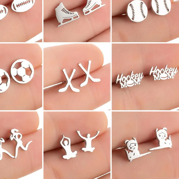Authentic Baseball Studs Earrings Soccer Hockey Softball Skiing Sports Earings Fitness Ear Piercing Jewelry