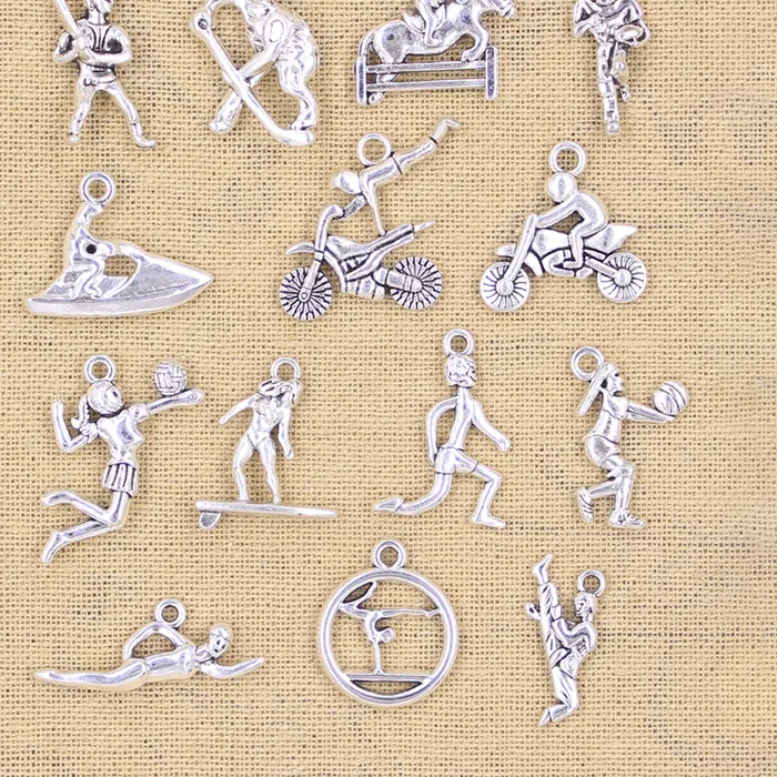Authentic Charms Baseball Player Volleyball Sporter Swimmer Surfer Horsemanship Hockey Sailboat Gymnast Antique Silver Color Diy Pendants