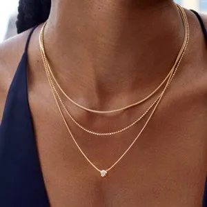 Authentic Woman 18k Gold Plated CZ Triple Layers Beaded Ball Snake Chain Necklace