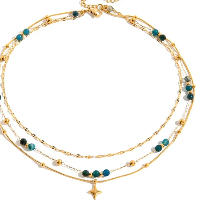 Authentic Minar Vintage Green Natural Stone Beads Starburst Pendant Necklaces Women 18K Gold PVD Plated Titanium Three Layers Choker