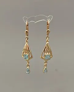 Authentic Art Nouveau Blue Topaz Gilded Sterling Silver Talisman Earrings